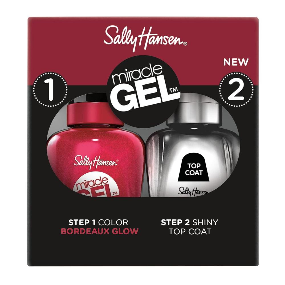 imageSally Hansen Miracle Gel Bordeaux Glow and Shiny Top Coat Duo Long Lasting GelLike Formula No UV Lamp Needed Nail Polish Duo555 Bordeaux Glow  101 Shiny Top Coat