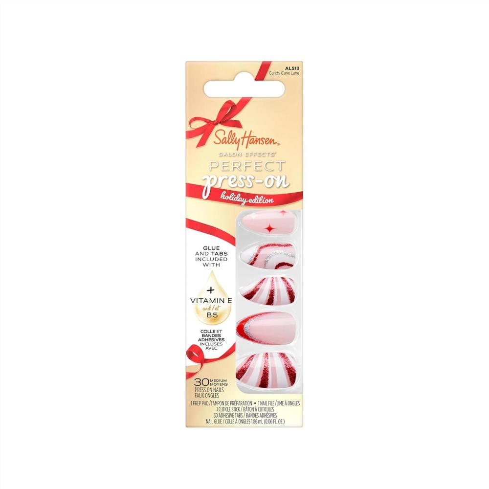 imageSally Hansen Salon Effects Perfect PressOn ShortEase Nails  Oval Shape  Easy to Apply NonDamaging Natural Look Vitamin E amp B5  30 Nails Nail Glue Adhesive Tabs File Short QueenAlmond Nails  Candy Cane Lane