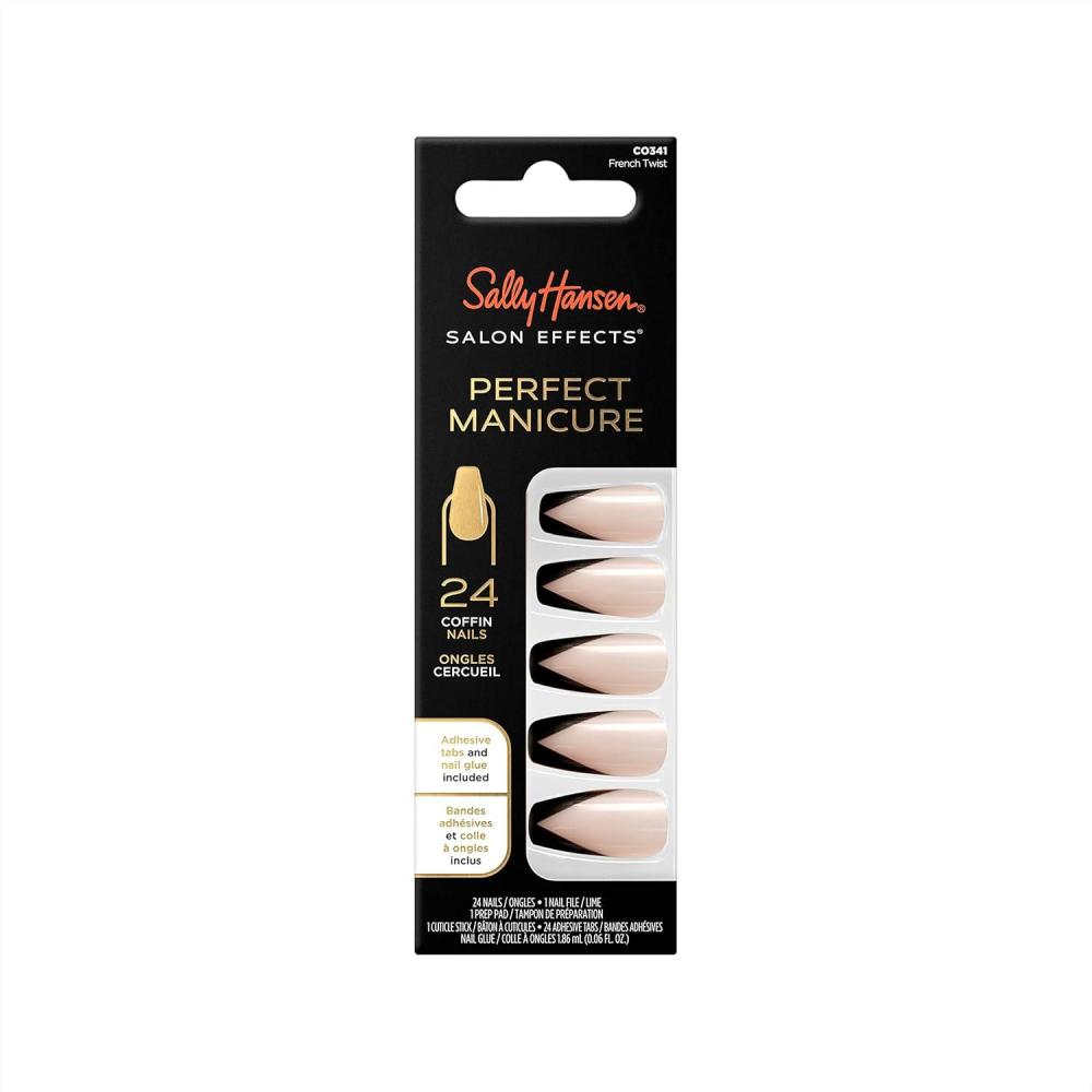 imageSally Hansen Salon Effects Perfect Manicure French Twist Press On Nails Coffin Shaped NonDamaging Adhesive Tabs File and Alcohol Pad Included